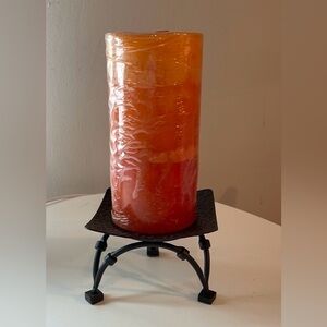 Orange Ombré Pillar Candle with Black Hammered Wrought Iron Metal Stand New!